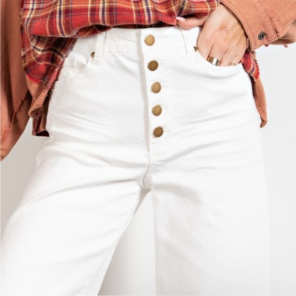 NWT Easel Wide Leg Twill High Rise Raw Hem Button Fly Stretch Pants White Medium - Picture 2 of 12